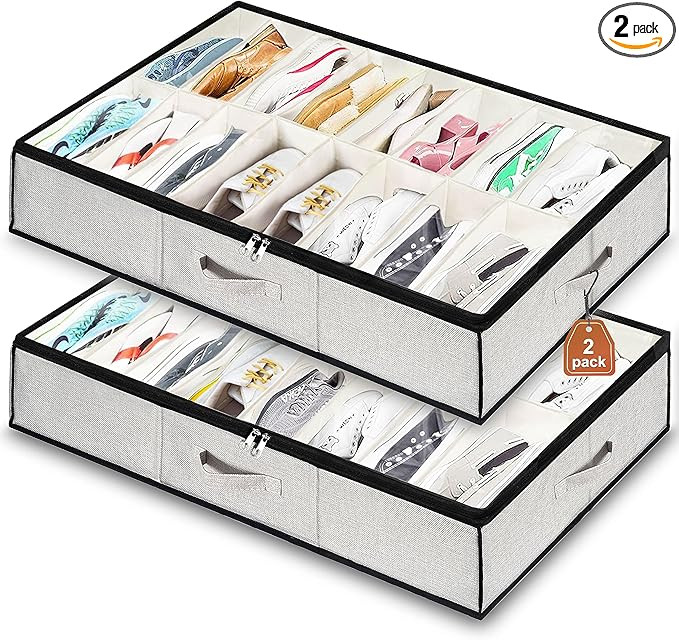 Shoe Storage Organizer Under Bed, 2 Pack Fits 32 Pairs, Extra Large Shoe Container, Breathable Fa... | Amazon (US)