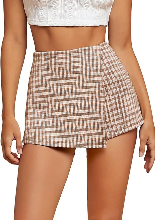 WDIRARA Women's Plaid High Waisted Asymmetrical Vintage Skirt Casual Shorts Skort | Amazon (US)