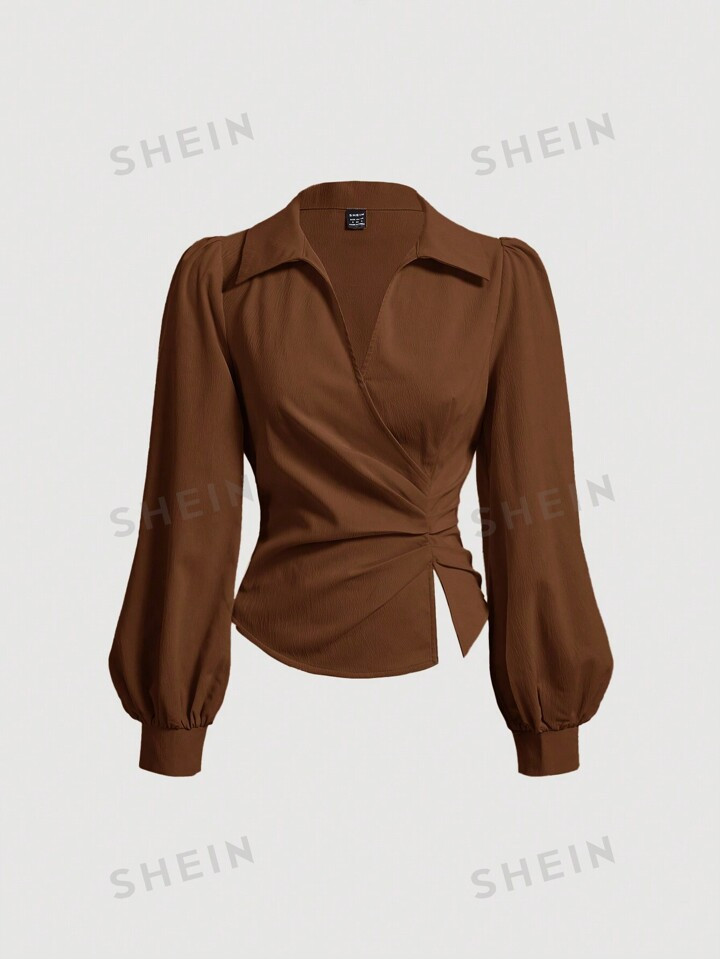SHEIN MOD Women's Spring & Summer Solid Color Lantern Sleeve Ruched Waist Split Hem Commuter Blou... | SHEIN
