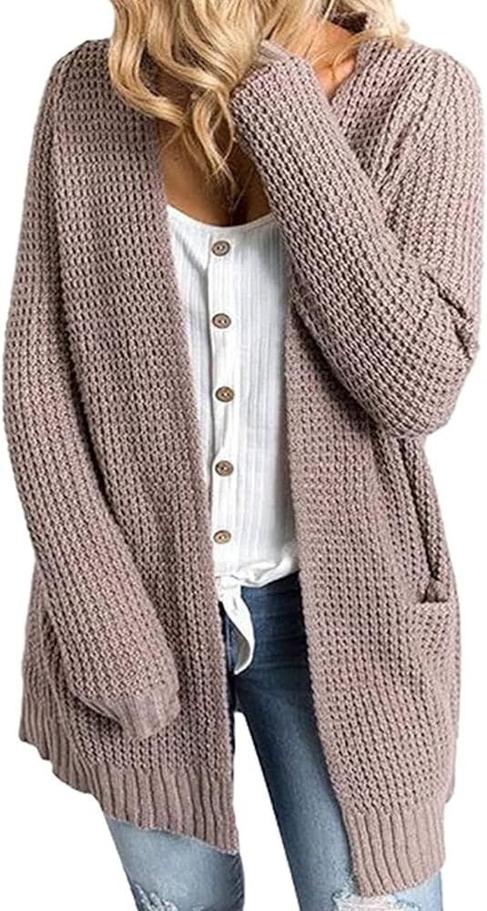 MaQiYa Women's Open Front Long Sleeve Cardigan Sweaters Soft Waffle Knit Oversized Casual Fall Ca... | Amazon (US)