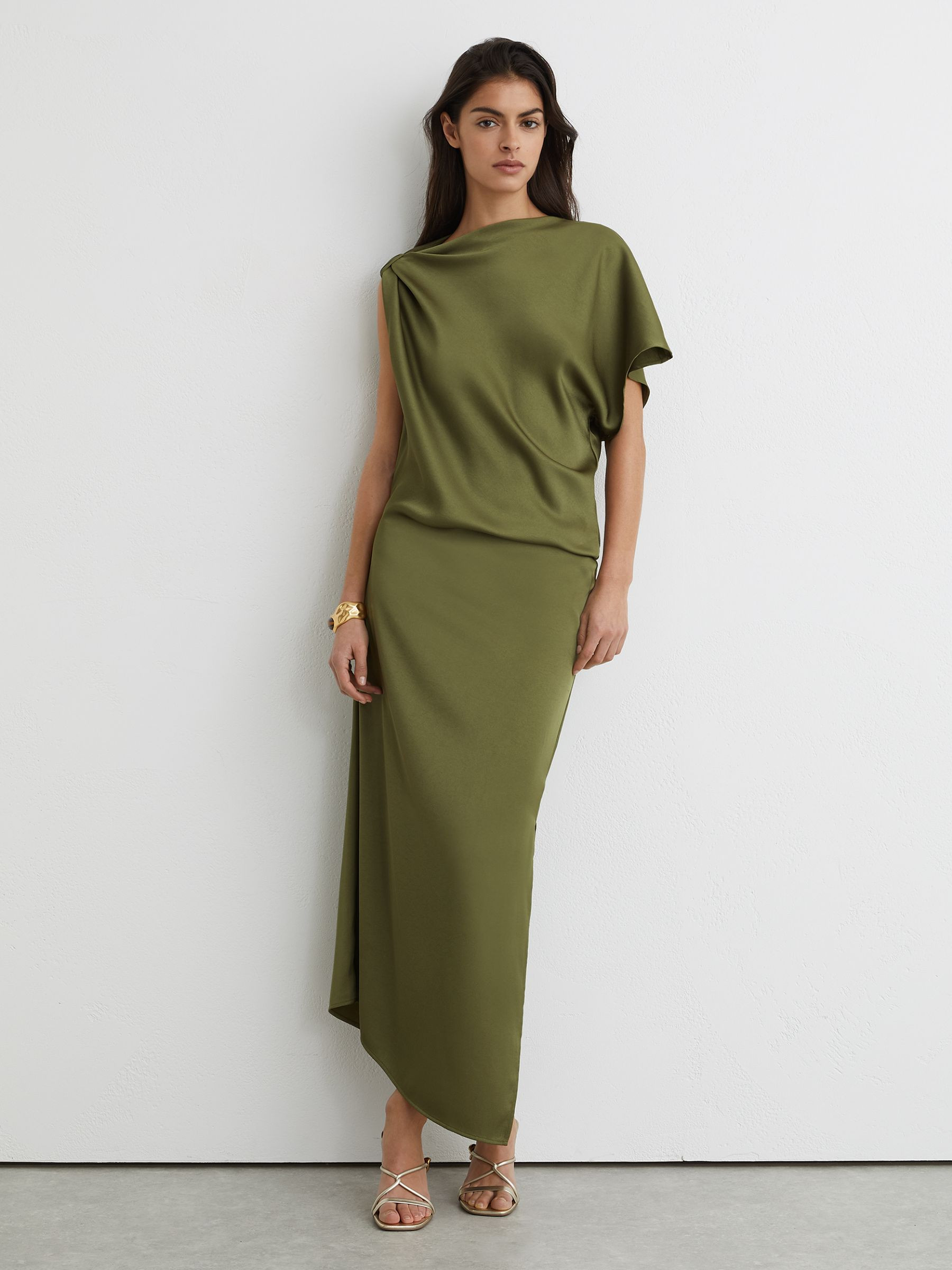 Satin Asymmetric Draped Midi Dress in Olive Green | Reiss UK