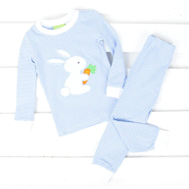 Blue Stripe Garden Bunny Pajamas | Classic Whimsy