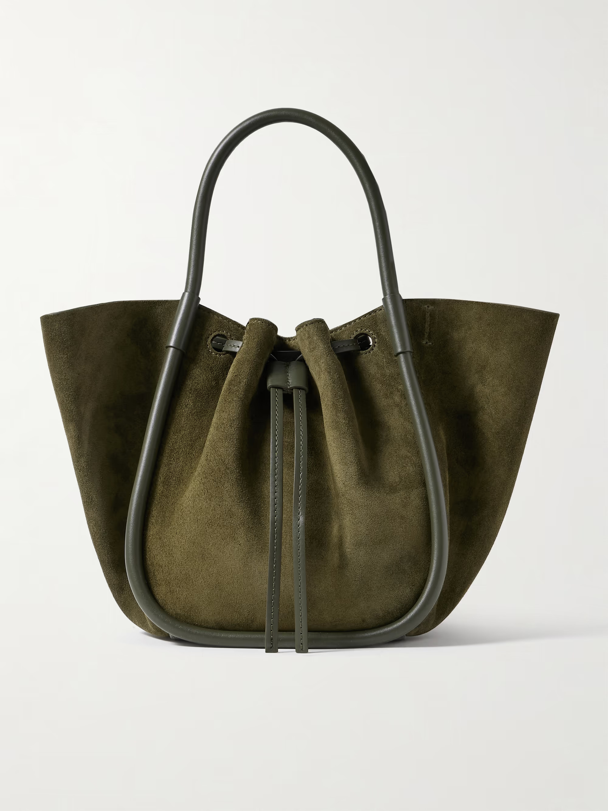 Small leather-trimmed ruched suede tote | NET-A-PORTER (US)