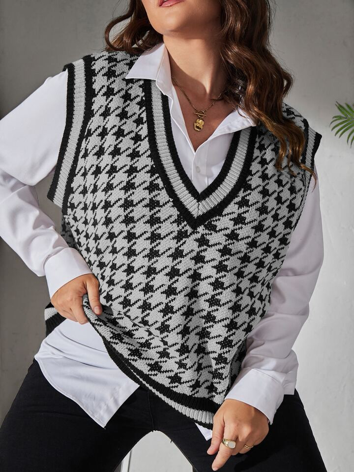 Plus Houndstooth Pattern Striped Trim Sweater Vest Without Blouse | SHEIN