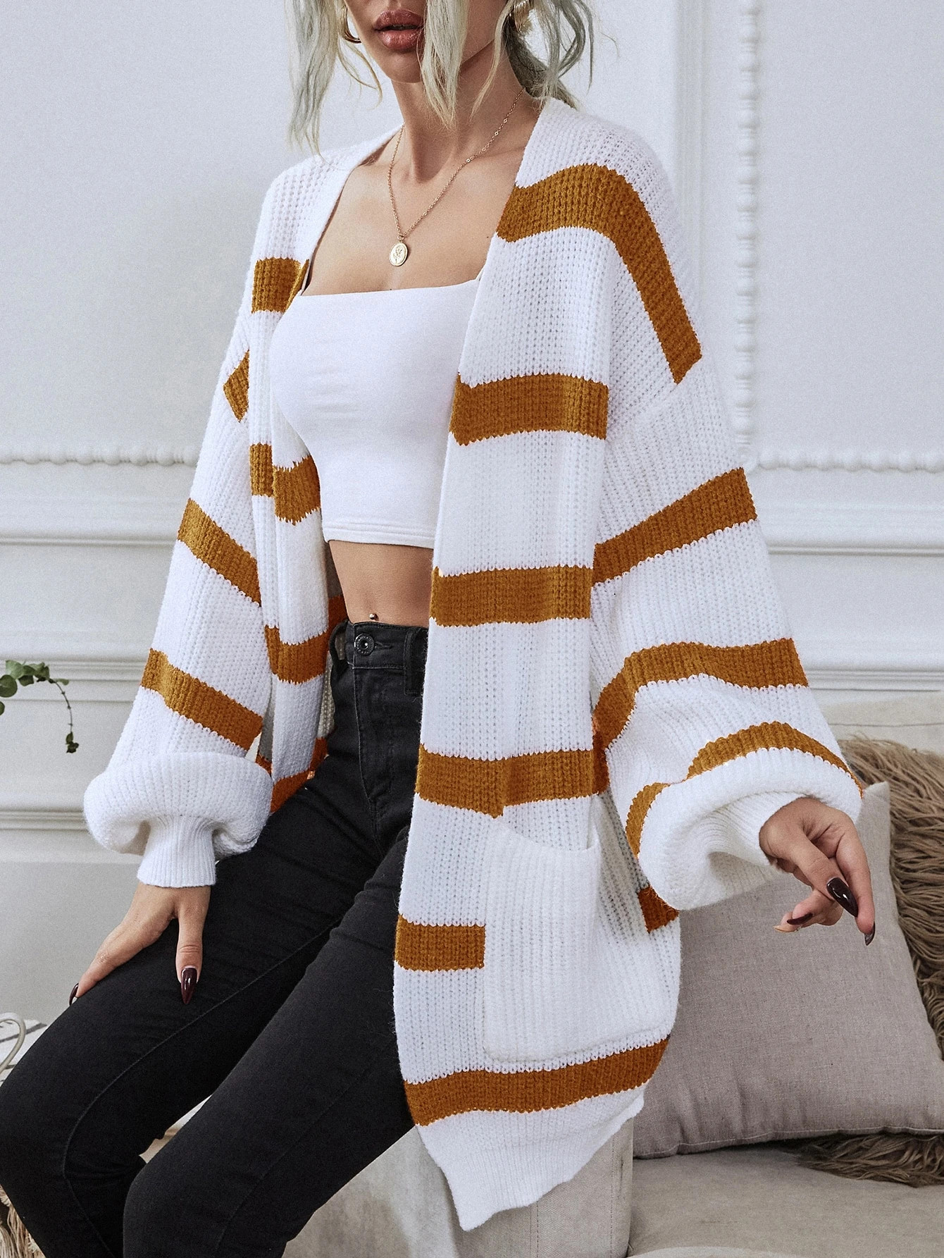 Christmas Lantern Sleeve Patch Pocket Striped Cardigan | SHEIN