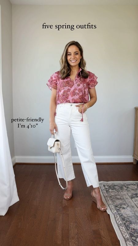 Spring outfit ideas! 
White tank top: petite xxs 
Wide leg pants: petite xxs/00 
Striped wide leg crop pants: petite xxs/00 
Denim jacket: petite xxs 
Striped top: petite xxs 
White peplum top: xxs 
Pink floral top: xs 
White wide leg cropped jeans: petite 24 
AYR jeans: 24, 25” inseam
Abercrombie white jeans: 24 extra short 
Sandals: size up if in between sizes 
Flats: tts 
Bag is from Polene, I’m unable to link it. 