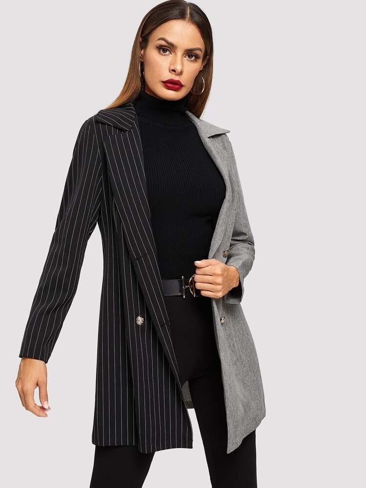 Notch Collar Colorblock Striped Coat | SHEIN