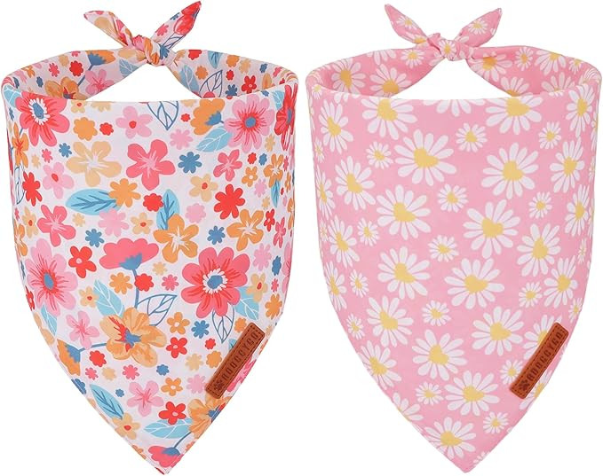 ADOGGYGO Floral Dog Bandana 2 Pack, Reversible Pink Daisy Pet Scarf Bib, Adjustable Fit Cute Flow... | Amazon (US)