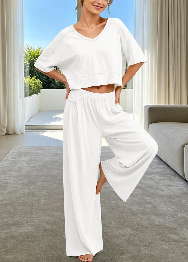 Panadila Women's 2 Piece Lounge Set V Neck Crop Top Wide Leg Pants | Amazon (US)