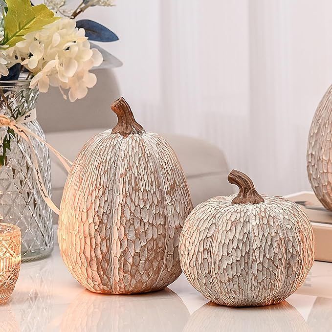 Artificial Pumpkin Decor, Brown and White Decorative Pumpkins, Thanksgiving Resin Pumpkin Figurin... | Amazon (US)