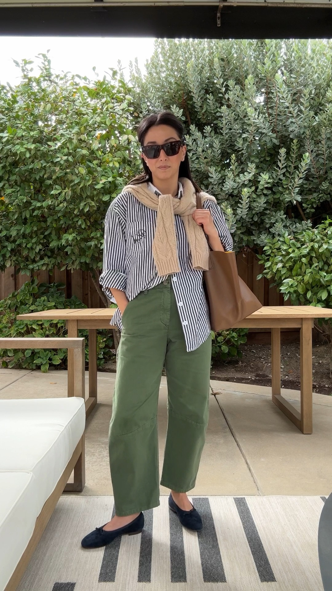 Green Slight barrel pants. LOVE these so much.  Older so sizes are almost sold out. Linked similar. Petite-friendly, no hemming

Recreational Habits shirt small
Velvet pants 2
Madewell flats 5.5
Mansur Gavriel tote
Celine sunglasses 
Dorsey James Necklace 15”

#LTKSeasonal #LTKStyleTip #LTKPetite