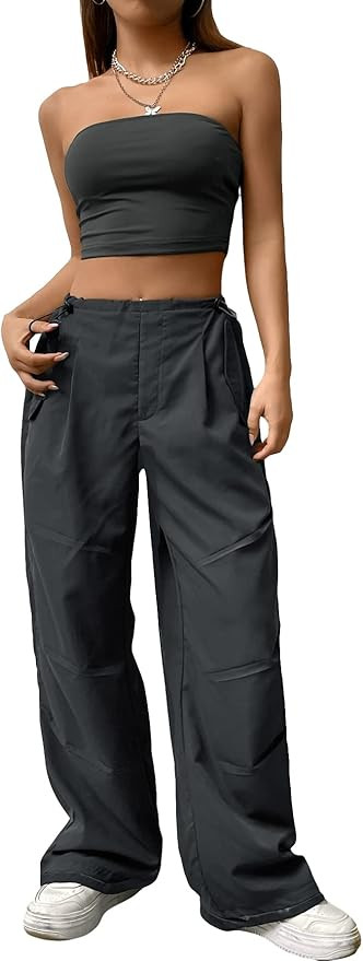 OYOANGLE Women's 2 Piece Strapless Backless Crop Tube Top and Wide Leg Cargo Pants Set Jumpsuit | Amazon (US)