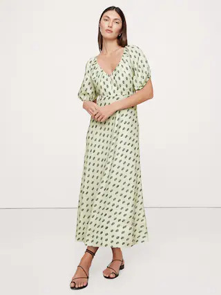 Viscose-Linen Ruched Long Midi Dress | Banana Republic (CA)