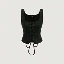 Lace Up Front Black Eyelet Decoration Tank Top Corset Top | SHEIN
