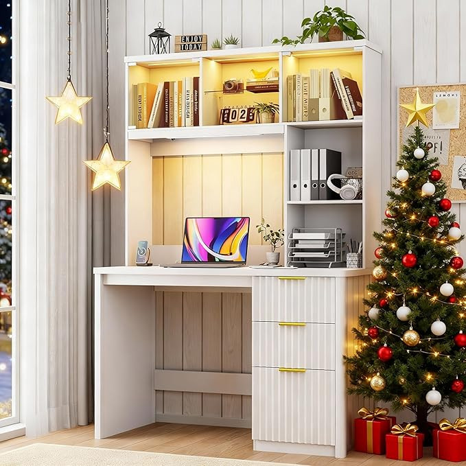 FREDEES LED Study Desk with Hutch, Home Office Desk with Charging Station & Storage Drawer, 70'H ... | Amazon (US)