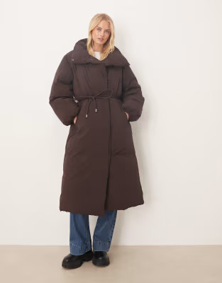 ASOS DESIGN Tall funnel neck longline puffer jacket in chocolate | ASOS (Global)