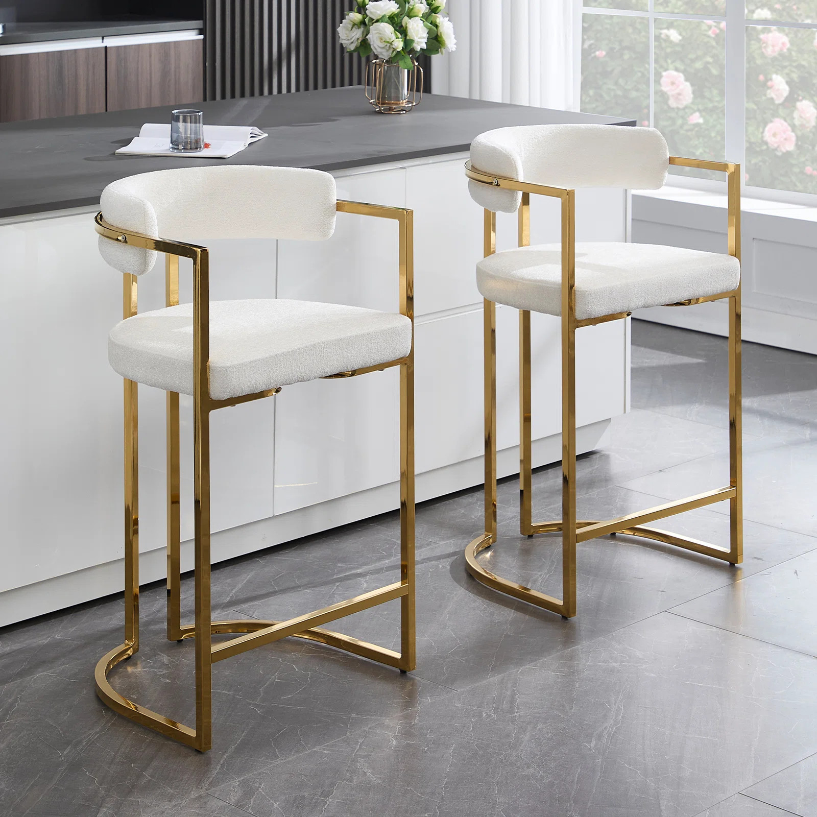 Ivy Bronx Modern Upholstered Hollow Bar Stool With Armrests And Footrests, Barrel High Stools & R... | Wayfair North America