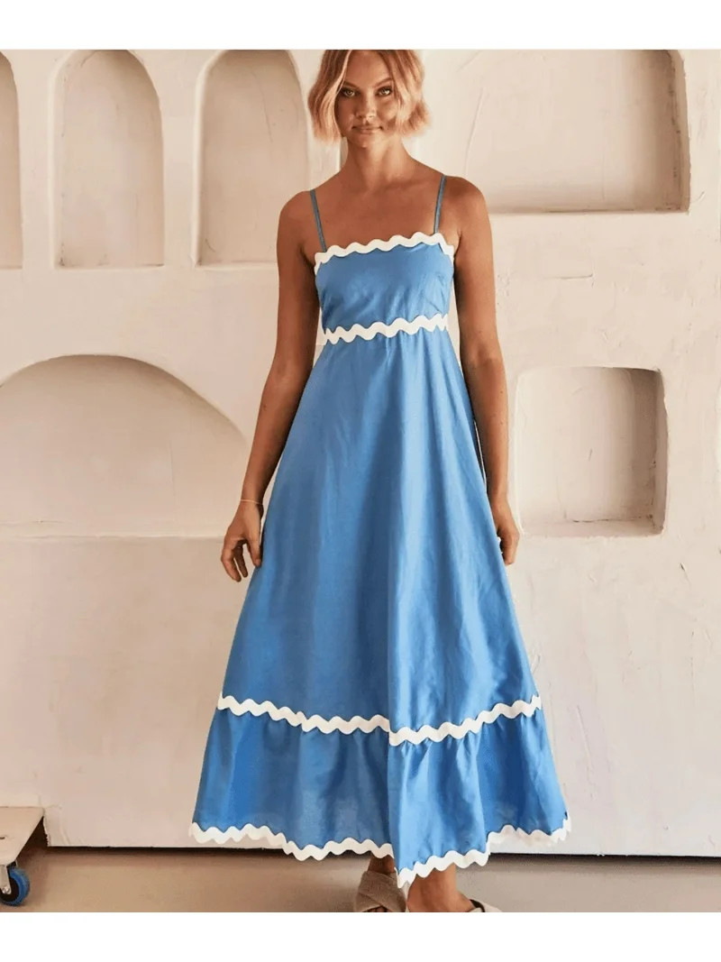 Women Summer Dresses Spaghetti Straps Sleeveless Smocked Rickrack Trim Boho Flowy Loose A-Line Mi... | Walmart (US)