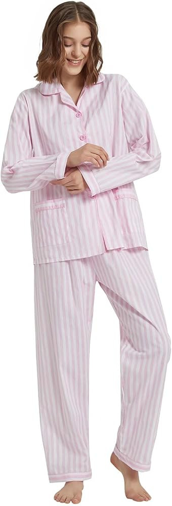 GLOBAL Women's 100% Cotton Pajama Set|Long-Sleeved with Pants PJs |Button Down Front Top&Drawstri... | Amazon (US)