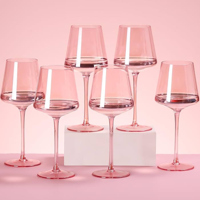 Pink Wine Glasses Set of 6-14oz Hand Blown Crystal Colored Wine Glasses with Long Stem, Pink Wine... | Amazon (US)