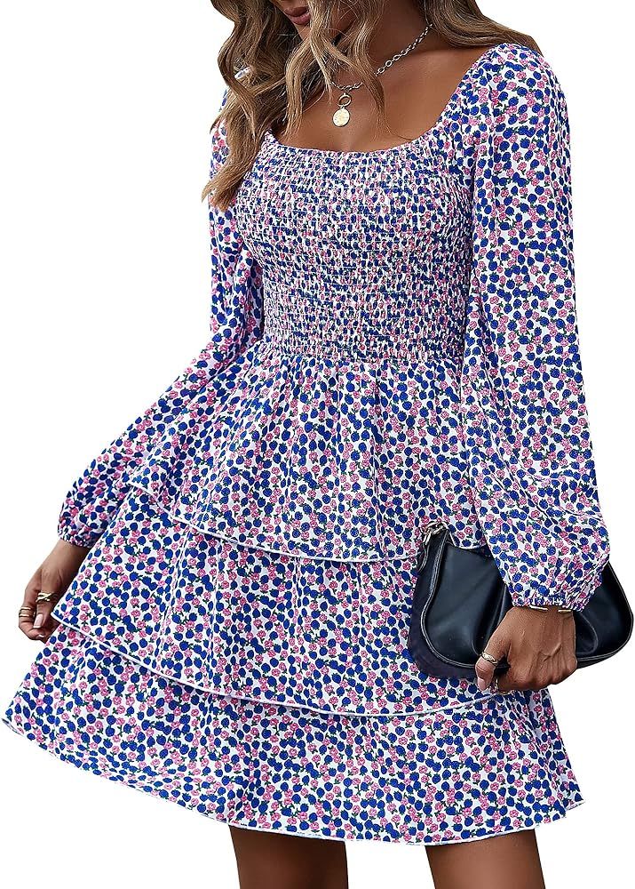 BTFBM Women Square Neck Smocked Dresses 2024 Summer Spring Long Sleeve Floral Swiss Dot Ruffle Pa... | Amazon (US)
