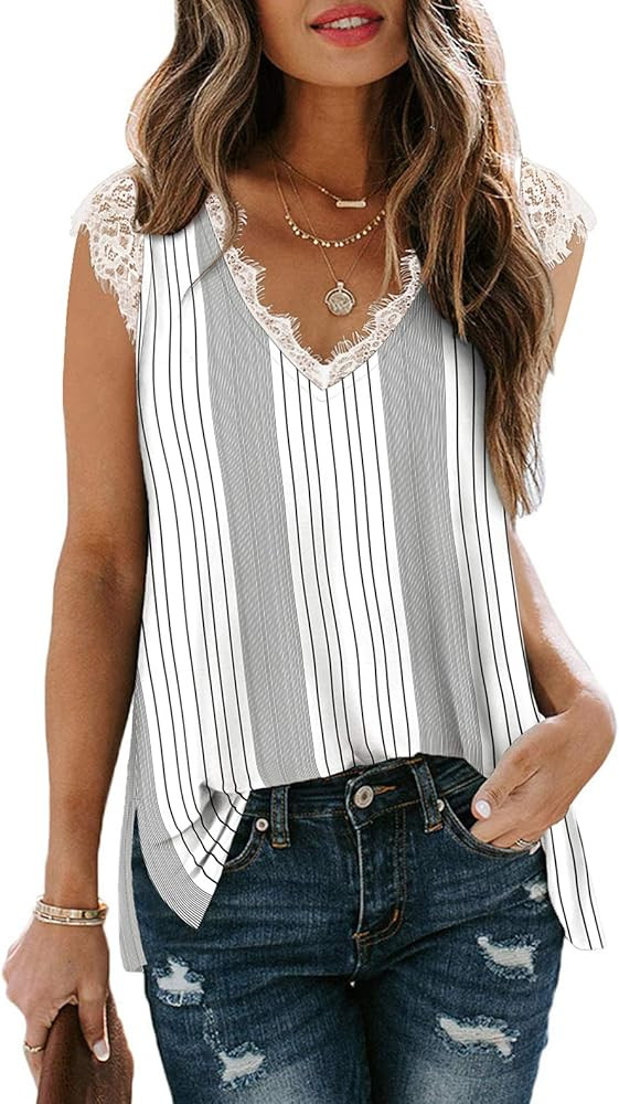 XIEERDUO Women's V Neck Lace Tank Tops Summer Casual Sleeveless Shirts Side Split | Amazon (US)