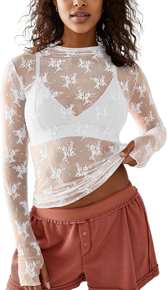 Shiyifa Women's Long Sleeve Mesh Top Sexy Mock Neck Sheer Blouse Floral See Through Layering Lace... | Amazon (US)