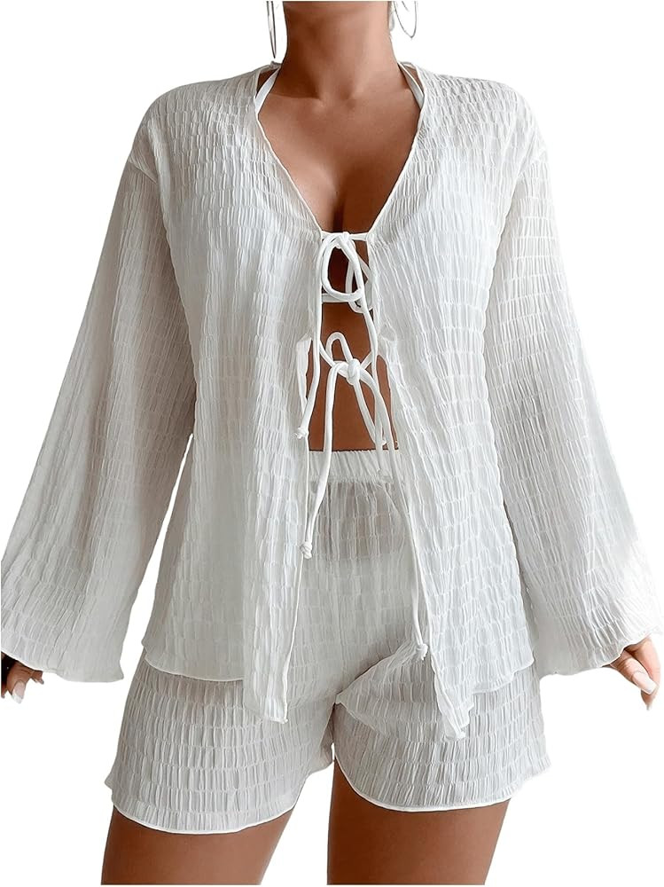 SweatyRocks Women's 2 Piece Cover Up Sets Sheer Tie Front Long Sleeve Tops and Beach Shorts Swims... | Amazon (US)