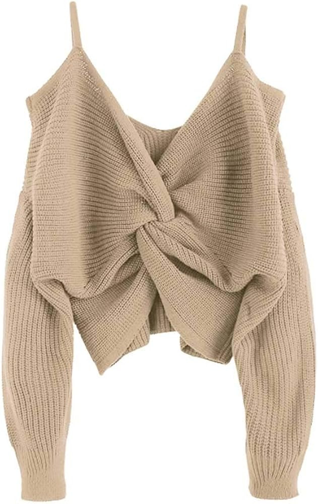 ZAFUL Women's Cold Shoulder Straps Sexy V Neck Twisted Sweater Knit Jumper Pullover Tops | Amazon (US)