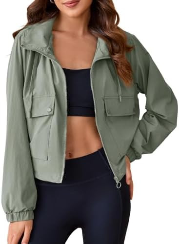 Tankaneo Womens Lightweight Cropped Jackets Hooded Long Sleeve Zipper Anorak Coat with Pockets | Amazon (US)