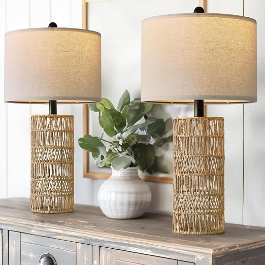 22.5" Boho Table Lamps Set of 2 for Living Room, Bedside Lamp for Nightstands, Rattan Lamp for Be... | Amazon (US)