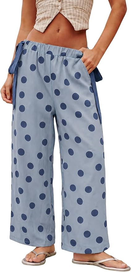 Gozoloma Women's Polka Dot Wide Leg Pants Elastic Waist Side Tie Contrast Detail with Pockets Cas... | Amazon (US)