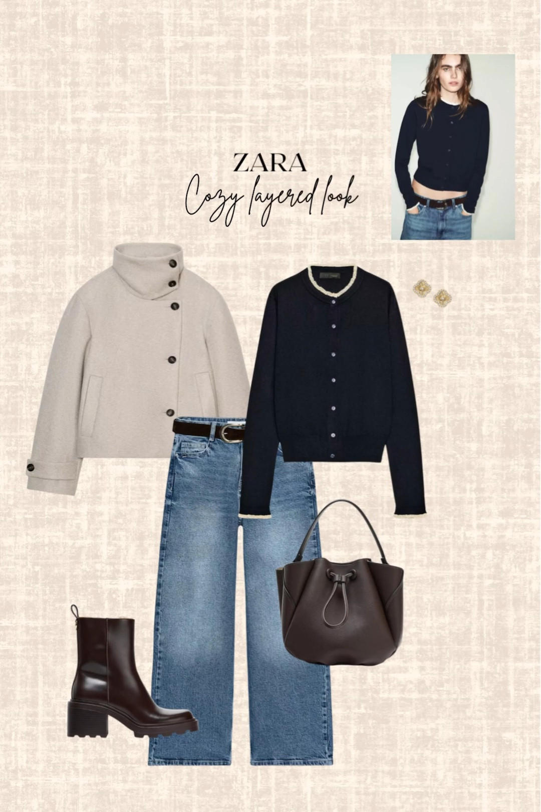 Zara Cozy layered look! 

Cardigan, jeans, boots, bag, earrings, jacket 

#LTKootd #LTKFindsUnder100 #LTKSeasonal