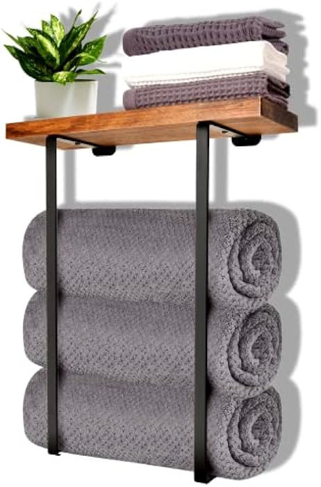 Towel Rack Wall Mounted for Bathroom, Metal Towel Holders with Wooden Shelf,Black Minimalist Desi... | Amazon (US)