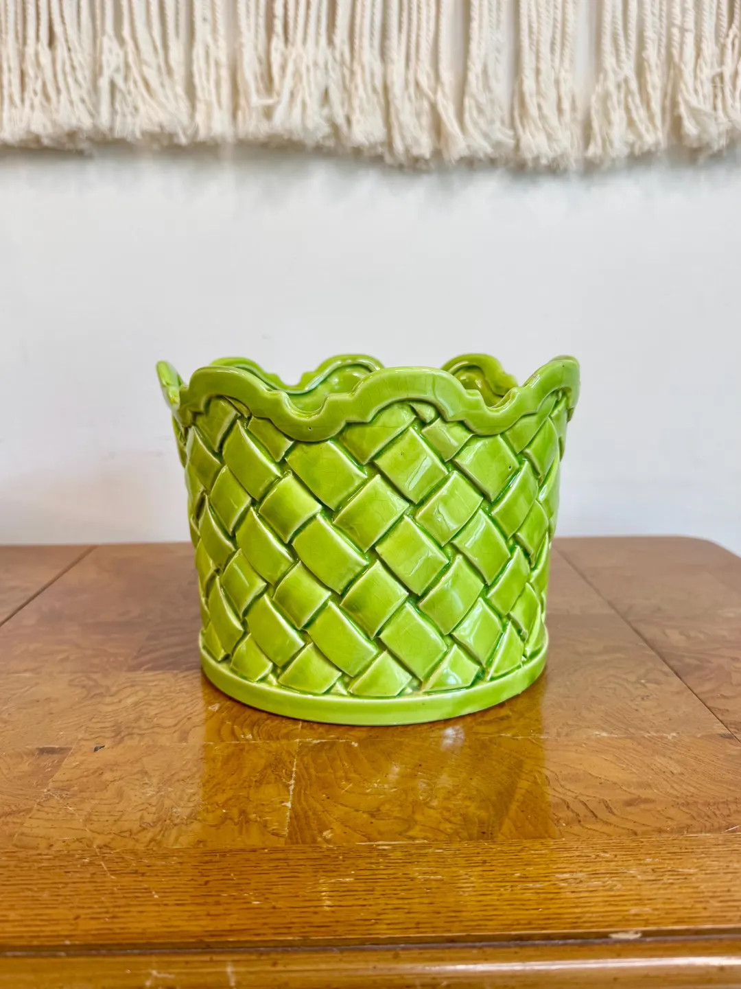 Vintage Lime Green Basket Weave Ceramic Planter; Retro Plant Pot; Gift for Hostess; Boho Chic Sun... | Etsy (US)