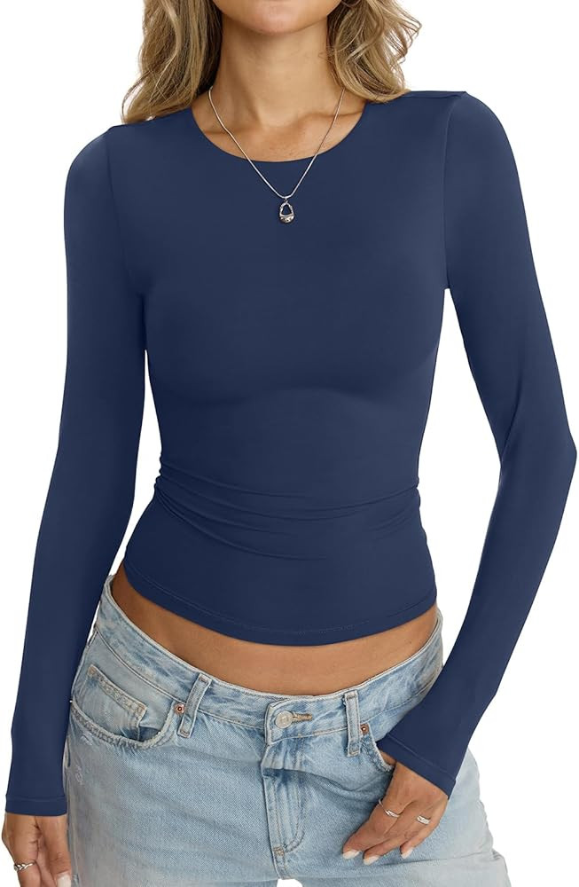 EasyGala Womens Double Lined Seamless Crew Neck Shirts Basic Long Sleeve Tops Sexy Slim Fit T Shi... | Amazon (US)