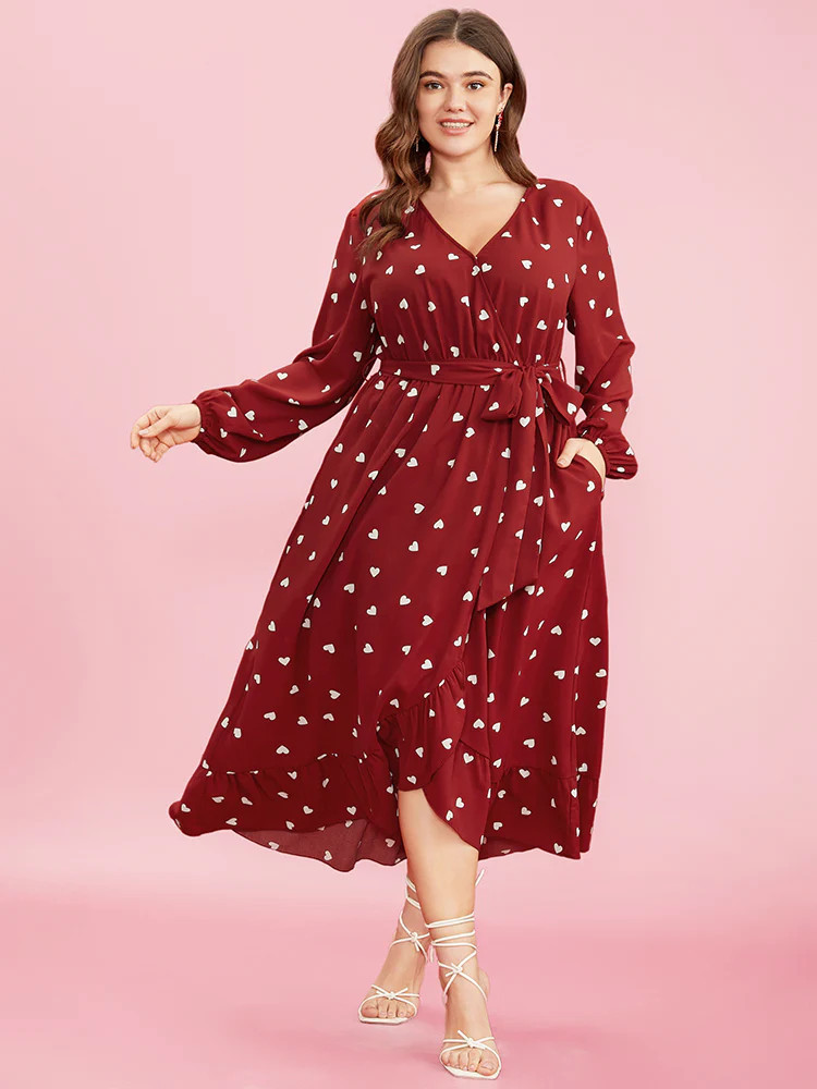 Heart Print Lantern Sleeve Pocket Wrap Ruffle Trim Dress | Bloomchic