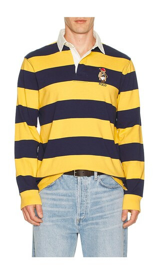 Polo Ralph Lauren Long Sleeve Jersey Knit Society Bear Rugby Shirt in Navy,Yellow. - size M | Revolve Clothing (Global)