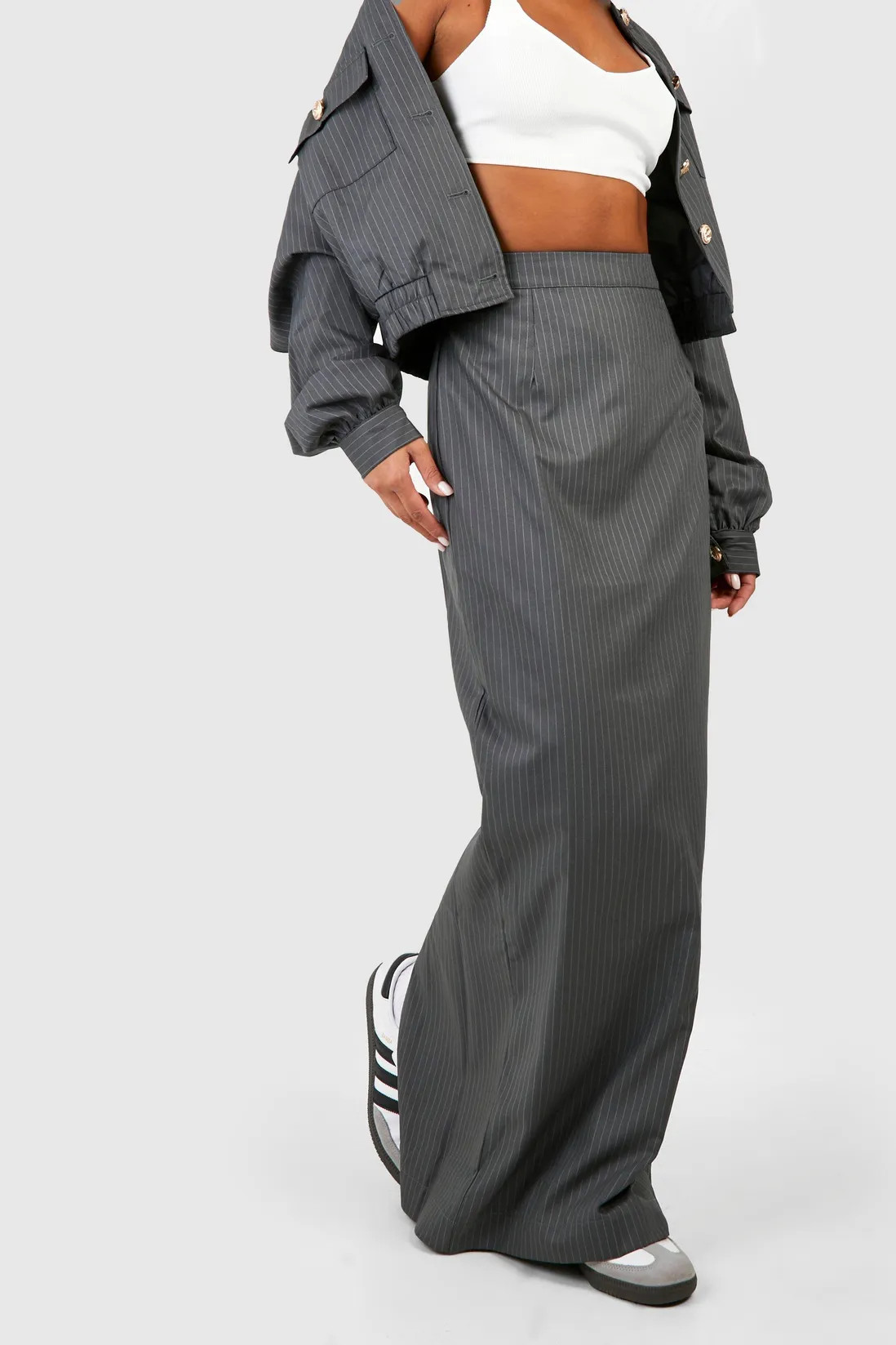 Pinstripe Thigh Split Column Maxi Skirt | Boohoo.com (UK & IE)