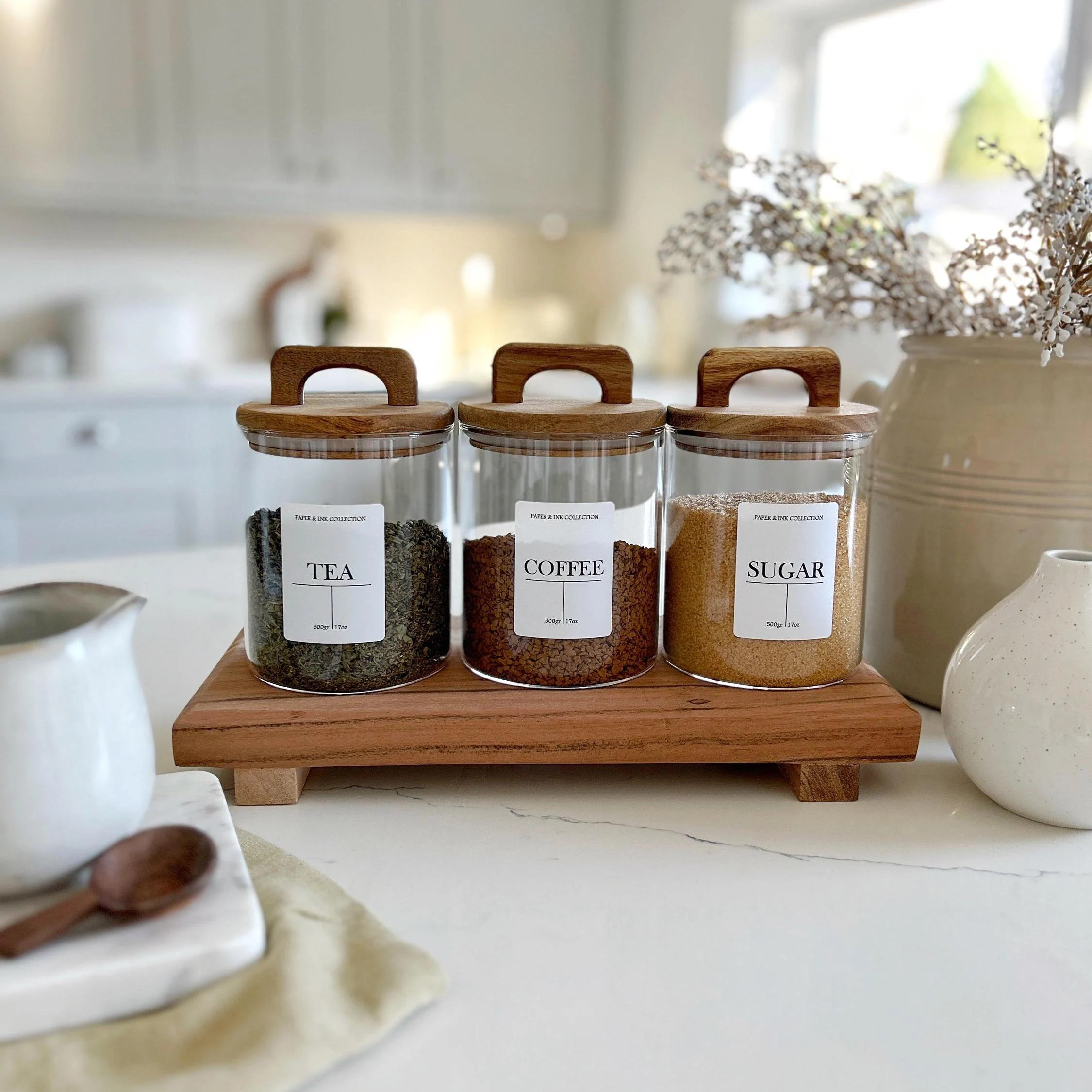 Acacia Wood Lid Glass Jar | Personalized Pantry Label, Tea Coffee Sugar 800ml | Etsy (Global)