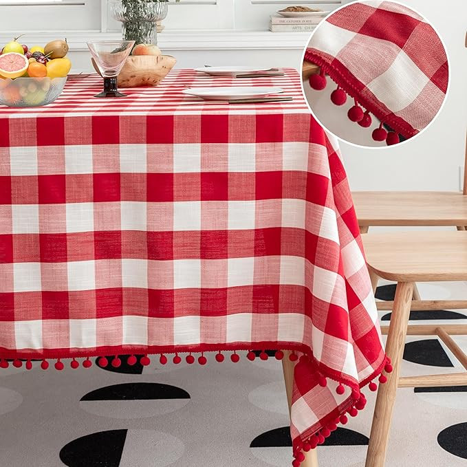 Buffalo Plaid Table Cloth for Rectangle Tables with Tassel Red and White Rustic Linen Textured Fa... | Amazon (US)