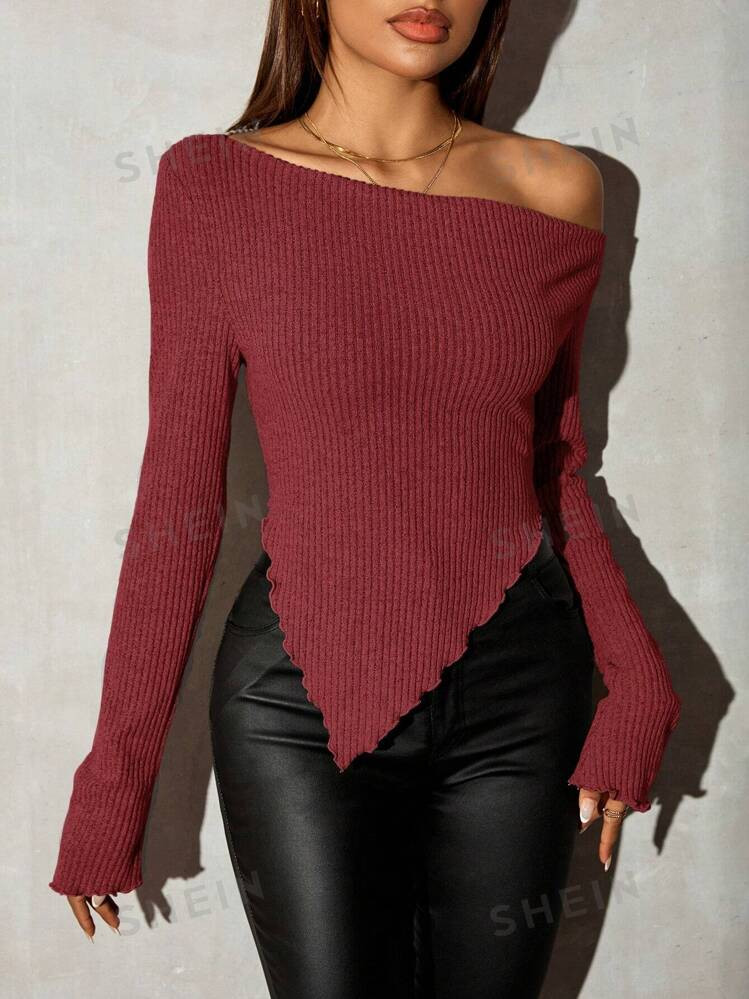 SHEIN SXY Grunge Asymmetrical Neck Rib-Knit Tee,Fall Women Going Out Tops | SHEIN
