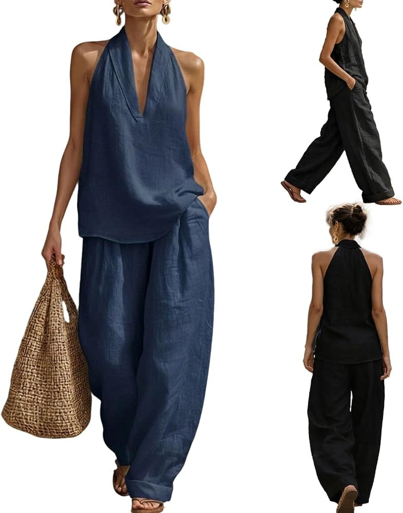 Women's Linen 2 Piece Outfit Set, V-Neck Sleeveless Tank Top & Wide Leg Pants, Casual Cotton Line... | Amazon (CA)