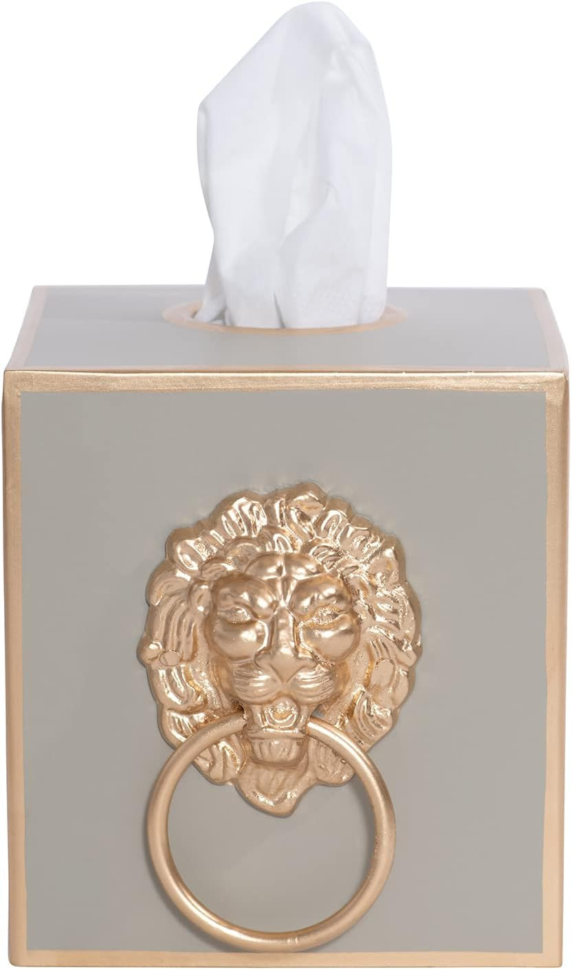 Tissue Holder Taupe Square Metal Gold Cube Cover, Lion Motif | Amazon (US)