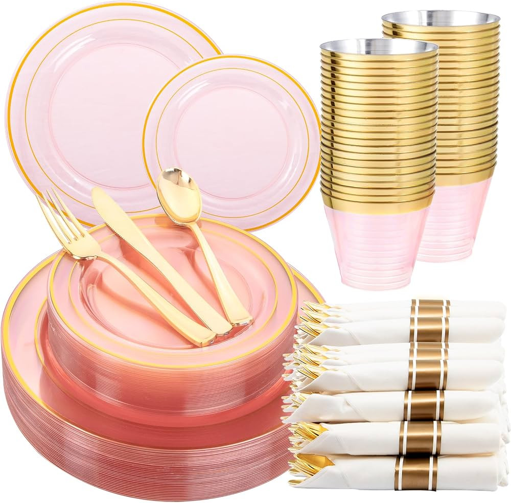 WELLIFE 210Pcs Clear-Pink Plastic Dinnerware- Pink and Gold Plastic Dinnerware include 30 Dinner ... | Amazon (US)