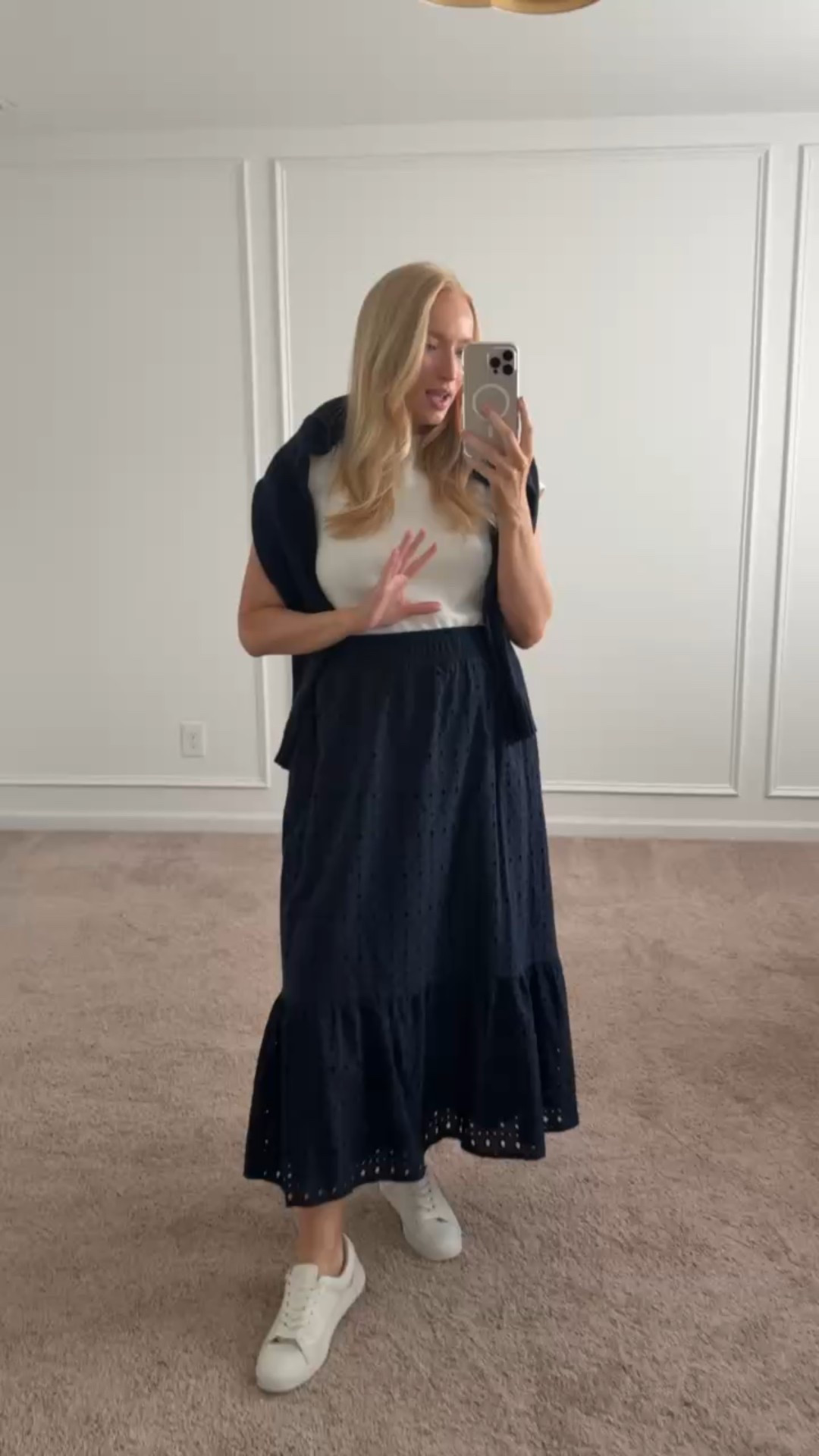 Chic casual workwear look! Love this sweet eyelet skirt from Walmart. It’s bump friendly, wearing size small. Spring outfits // navy and white outfits // workwear // casual work outfits // Walmart finds 

#LTKStyleTip #LTKBump #LTKFindsUnder50
