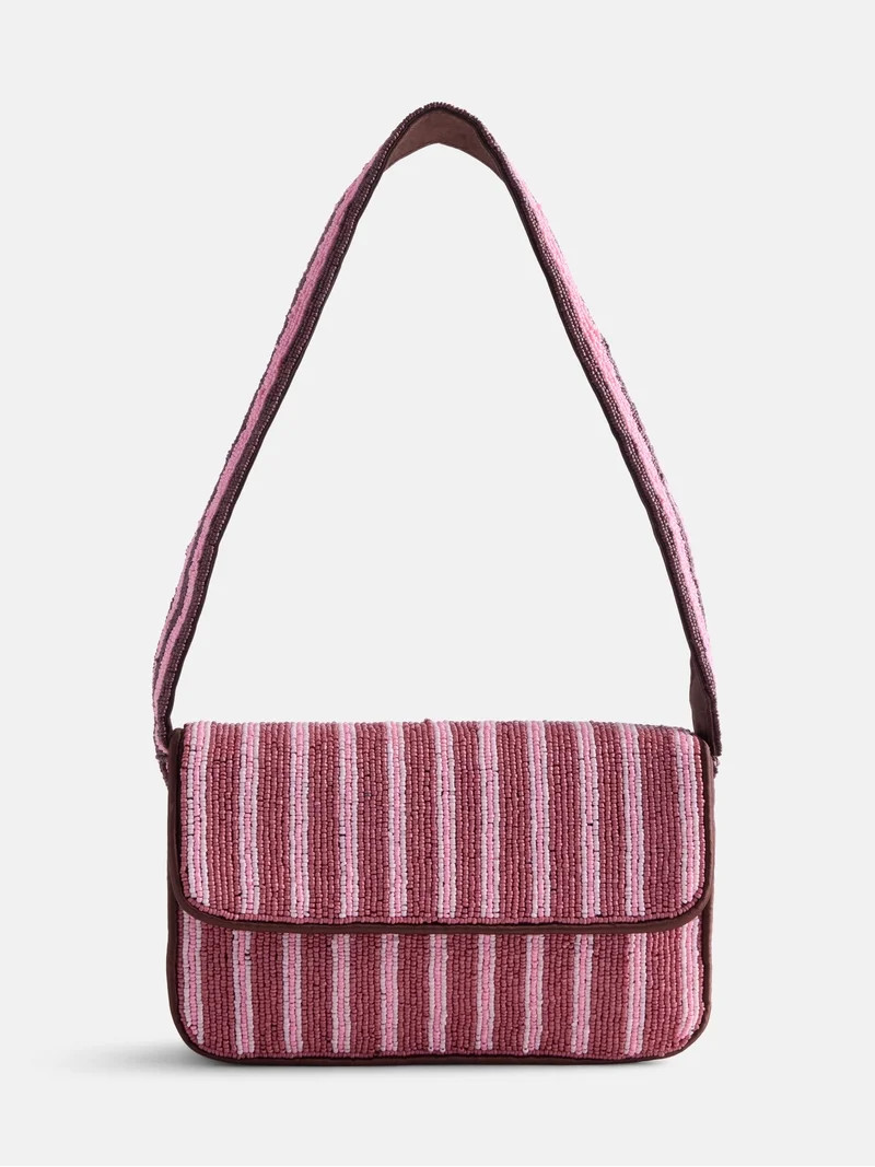 Free Assembly Women's Beaded Striped Flap Shoulder Bag, Pink | Walmart (US)