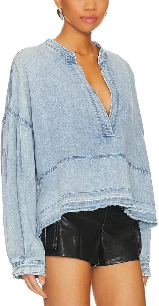 Women's Denim Pullover Deep V Neck Long Sleeve Raw Hem Loose Fit Casual Jean Tops | Amazon (US)