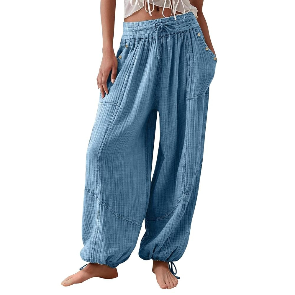 Palazzo Pants for Women Oversized High Waist Drawstring Baggy Harem Linen Wide Leg Beach Trousers... | Amazon (US)