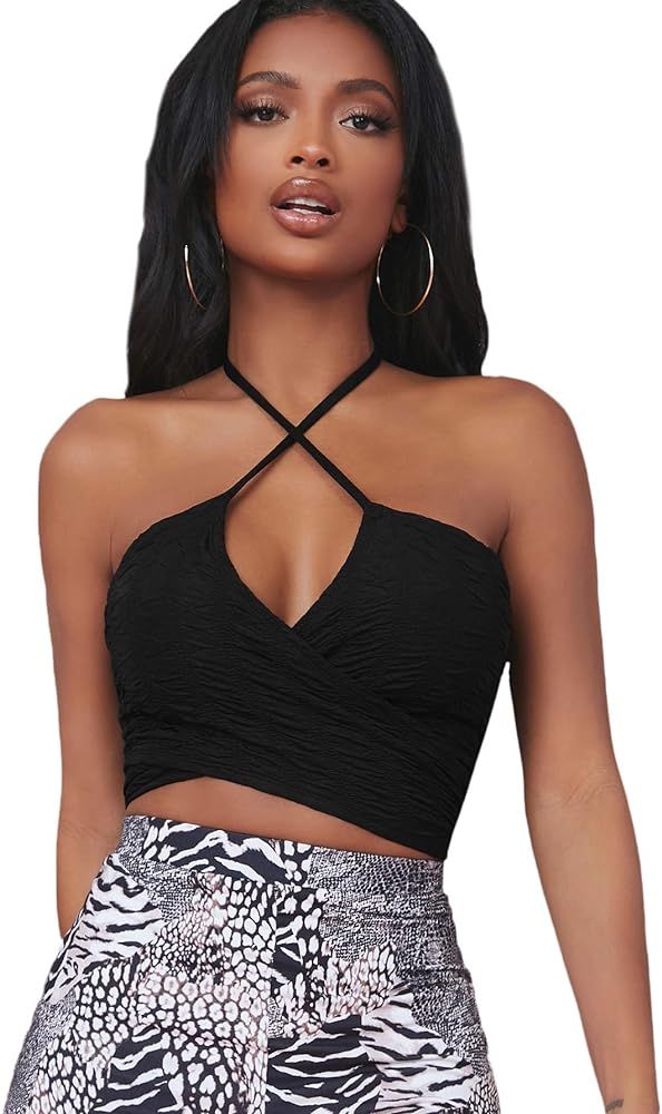 MakeMeChic Women's Solid Cut Out Wrap Halter Vest Tie Back Sleeveless Crop Top | Amazon (US)